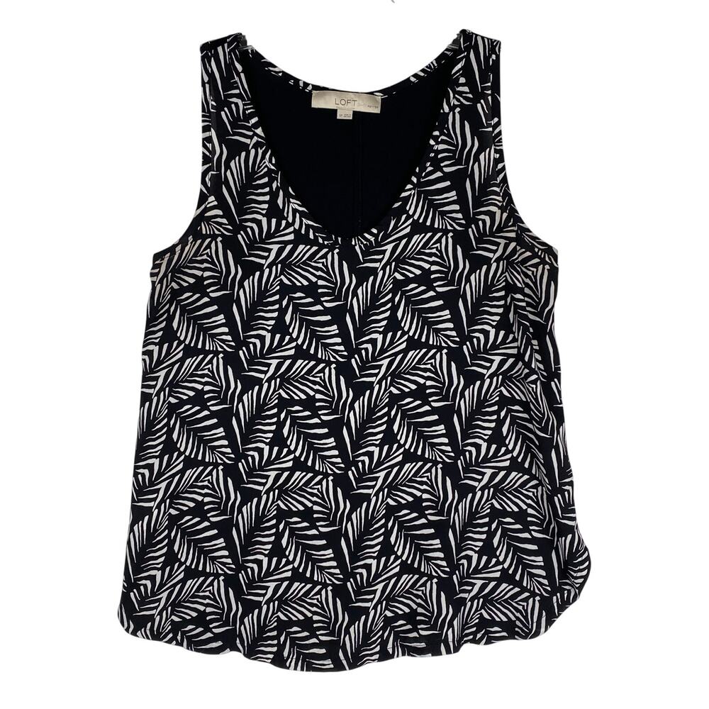 LOFT Mixed Media Leaf Print Tank Small Petite Black White Botanical Resort Flowy